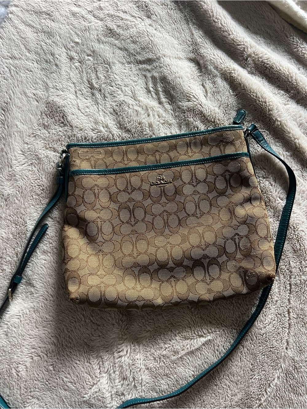 Coach Brown Signature Crossbody with Teal Trim